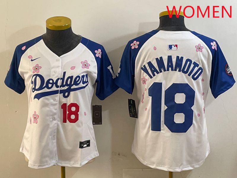 Women Los Angeles Dodgers #18 Yamamoto White Blue Sakura Edition 2025 Nike MLB Jersey style 8->women mlb jersey->Women Jersey